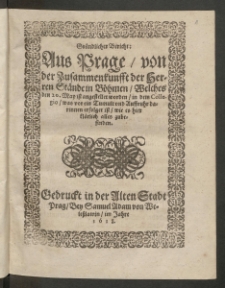 Gründlicher Bericht Aus Prage von der Zusammenkunfft der Herren Stände in Böhmen, welches den 20. May ist angestellet worden, in dem Collegio, was vor ein Tumult und Auffruhr darinnen erfolget ist, wie es hier klärlich alles zubefinden