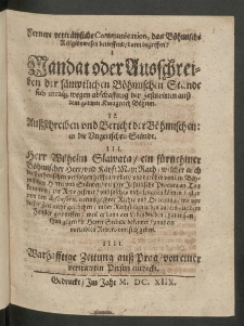 Fernere vertr&auml;wliche Communication, das B&ouml;hmische Religionwesen betreffend, darin begriffen: I. Mandat oder Ausschreiben der s&auml;mptlichen B&ouml;hmischen St&auml;nde sub utraq[ue] wegen abschaffung der Jesuwitten au&szlig; dem gantzen Konigreich B&ouml;heim [...]