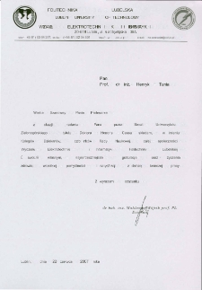List gratulacyjny dr. hab. inż. Waldemara W&oacute;jcika do profesora Henryka Tuni