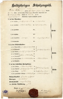 Halbjähriges Schulzeugnis: Robert Jung (1850)