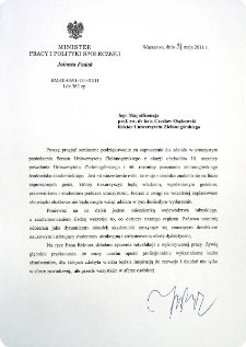 [List gratulacyjny Ministra Pracy i Polityki Społecznej z okazji 10. rocznicy powołania Uniwersytetu Zielonog&oacute;rskiego]