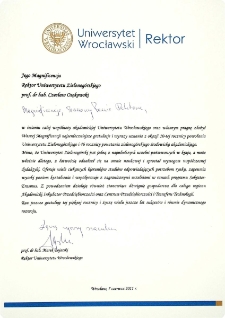 [List gratulacyjny Rektora Uniwersytetu Wrocławskiego z okazji 10. rocznicy powołania Uniwersytetu Zielonog&oacute;rskiego]