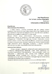 [List gratulacyjny Rektora Uniwersytetu Opolskiego z okazji 10. rocznicy powołania Uniwersytetu Zielonog&oacute;rskiego]