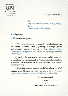 [List gratulacyjny Rektora Uniwersytetu Warmińsko-Mazurskiego z okazji 10. rocznicy powołania Uniwersytetu Zielonog&oacute;rskiego]