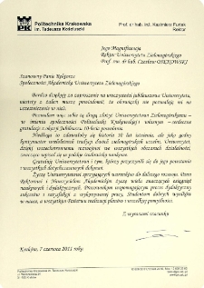 [List gratulacyjny Rektora Politechniki Krakowskiej z okazji 10. rocznicy powołania Uniwersytetu Zielonog&oacute;rskiego]