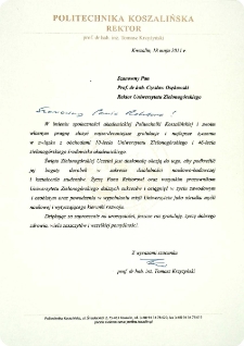 [List gratulacyjny Rektora Politechniki Koszalińskiej z okazji 10. rocznicy powołania Uniwersytetu Zielonog&oacute;rskiego]