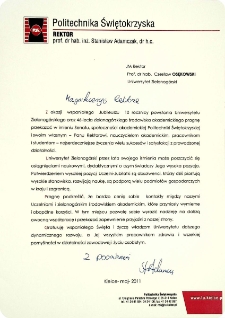 [List gratulacyjny Rektora Politechniki Świętokrzyskiej z okazji 10. rocznicy powołania Uniwersytetu Zielonog&oacute;rskiego]