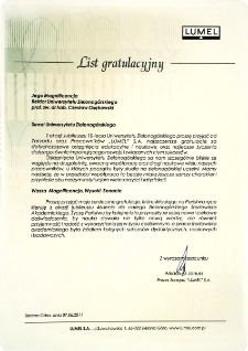 [List gratulacyjny Prezesa Zarządu "Lumel" S.A. z okazji 10. rocznicy powołania Uniwersytetu Zielonog&oacute;rskiego]