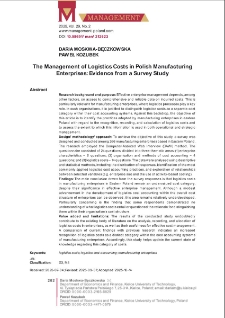 The Management of Logistics Costs in Polish Manufacturing Enterprises: Evidence from a Survey Study