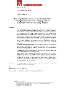 Brand equity and consumers` purchase intention for vegan cosmetics in an emerging market: Evidence from Ho Chi Minh City, Vietnam