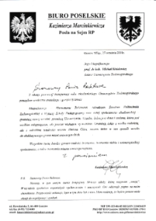 [List gratulacyjny posła na Sejm Rzeczypospolitej Polskiej z okazji pierwszej inauguracji roku akademickiego na Uniwersytecie Zielonogórskim]