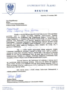 [List gratulacyjny w imieniu wszystkich Rektorów Uniwersytetów Polskich z okazji pierwszej inauguracji roku akademickiego na Uniwersytecie Zielonogórskim]