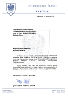 [List gratulacyjny Rektora Uniwersytetu Śląskiego z okazji pierwszej inauguracji roku akademickiego na Uniwersytecie Zielonogórskim]