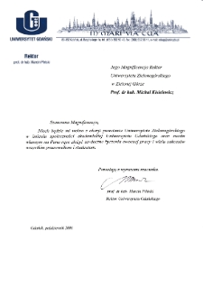 [List gratulacyjny Rektora Uniwersytetu Gdańskiego z okazji pierwszej inauguracji roku akademickiego na Uniwersytecie Zielonogórskim]