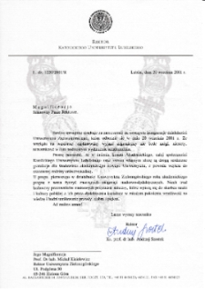 [List gratulacyjny Rektora Katolickiego Uniwersytetu Lubelskiego z okazji pierwszej inauguracji roku akademickiego na Uniwersytecie Zielonogórskim]