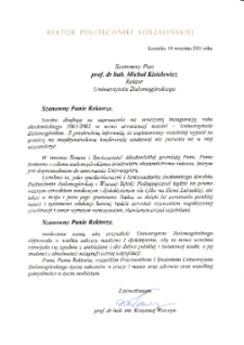 [List gratulacyjny Rektora Politechniki Koszalińskiej z okazji pierwszej inauguracji roku akademickiego na Uniwersytecie Zielonogórskim]