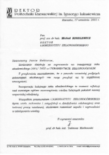 [List gratulacyjny Rektora Politechniki Rzeszowskiej z okazji pierwszej inauguracji roku akademickiego na Uniwersytecie Zielonogórskim]