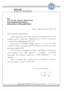 [List gratulacyjny Rektora Politechniki Szczecińskiej z okazji pierwszej inauguracji roku akademickiego na Uniwersytecie Zielonogórskim]