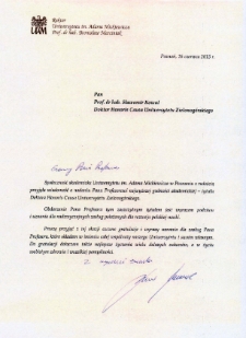 List z gratulacjami prof. Bronisława Marciniaka do profesora Zbigniewa Kowala
