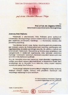 List gratulacyjny prof. Stanisława Nieciei do profesora Zbigniewa Kowala