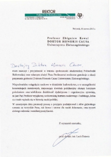 List gratulacyjny prof. Lecha Dzienisa do profesora Zbigniewa Kowala