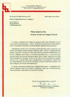 List gratulacyjny dr hab. Ewy Błazik-Borowej do profesora Zbigniewa Kowala