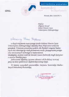 List gratulacyjny dr. hab. Macieja Szumigały do profesora Zbigniewa Kowala