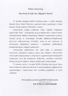 List gratulacyjny prof. Antoniego Matysiaka, Przewodniczącego Zarządu Polskiego Związku Inżynierów i Techników Budownictwa / O. Zielona Góra do profesora Zbigniewa Kowala