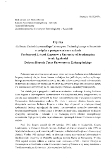 Opinia dla Senatu Zachodniopomorskiego Uniwersytetu Technologicznego w Szczecinie w związku z postępowaniem o nadanie Profesorowi Ericowi Rogersowi z University of Southampton tytułu i godności doktora honoris causa Uniwersytetu Zielonogórskiego