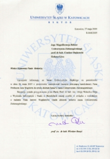 Pismo Rektora Uniwersytetu Śląskiego w Katowicach w sprawie zaopiniowania przez Senat UŚ recenzji kandydatury prof. J. Węglarza do tytułu doktora honoris causa Uniwersytetu Zielonogórskiego