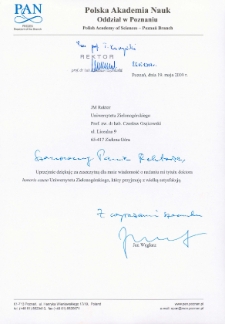 Podziękowanie prof. Jana Węglarza za wiadomość o nadaniu Mu tytułu doktora honoris causa Uniwersytetu Zielonogórskiego