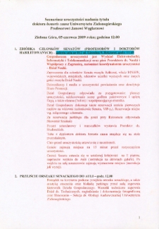 Scenariusz uroczystości nadania tytułu doktora honoris causa Uniwersytetu Zielonogórskiego Profesorowi Janowi Węglarzowi
