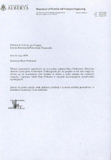 List gratulacyjny prof. Witolda Pedrycza do profesora Jana Węglarza