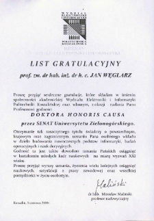 List gratulacyjny dr. hab. Mirosława Malińskiego do profesora Jana Węglarza