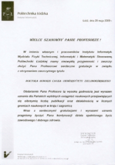 List gratulacyjny dr hab. inż. Liliany Byczkowskiej-Lipińskiej do profesora Jana Węglarza