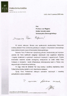 List gratulacyjny prof. Stanisława Bieleckiego do profesora Jana Węglarza