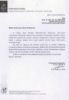 List gratulacyjny prof. Sławomira Wiaka do profesora Jana Węglarza