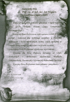 List gratulacyjny prof. Mariana Łukaniszyna do profesora Jana Węglarza