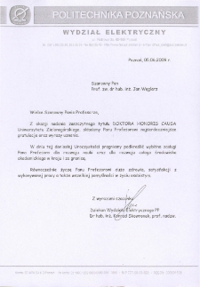 List gratulacyjny dr. hab. Konrada Skowronka do profesora Jana Węglarza