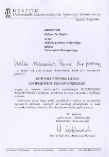 List gratulacyjny prof. Andrzeja Sobkowiaka do profesora Jana Węglarza