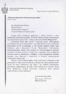 List gratulacyjny Bożeny Sławiak do profesora Jana Węglarza