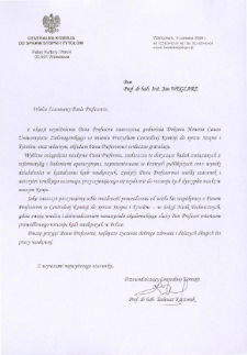 List gratulacyjny prof. Tadeusza Kaczorka do profesora Jana Węglarza