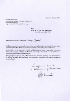 List gratulacyjny prof. Krzysztofa Malinowskiego do profesora Jana Węglarza