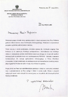 List gratulacyjny Włodzimierza Marcińskiego do profesora Jana Węglarza