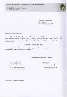 List gratulacyjny prof. Janusza Kacprzyka i dr. Jana Wojciecha Owsińskiego do profesora Jana Węglarza