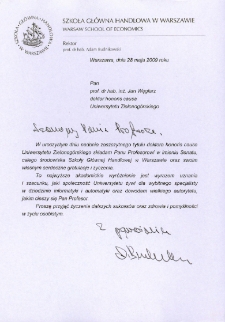 List gratulacyjny prof. Adama Budnikowskiego do profesora Jana Węglarza