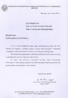 List gratulacyjny ks. prof. Ryszarda Rumianka do profesora Jana Węglarza