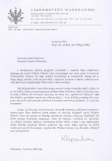 List gratulacyjny prof. Katarzyny Chałasińskiej-Macukow do profesora Jana Węglarza