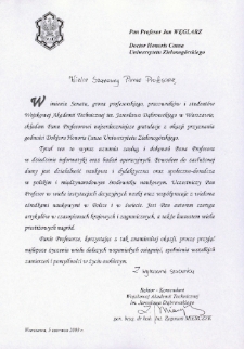 List gratulacyjny gen. bryg. dr. hab. inż. Zygmunta Mierczyka do profesora Jana Węglarza