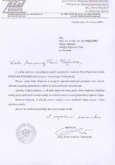 List gratulacyjny prof. Tadeusza Zaborowskiego do profesora Jana Węglarza